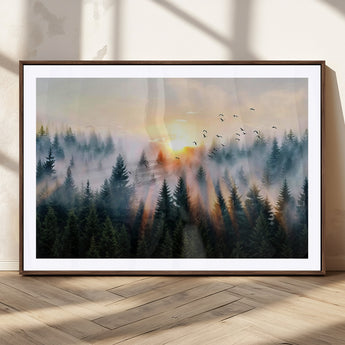 56391411-MGC-FP-36x24_Walnut-Misty Forest Wall Art Canvas Print, Framed Sunrise Pines Art Picture Print, Moody Pines Perfect Serene Woodland Decor Artwork
