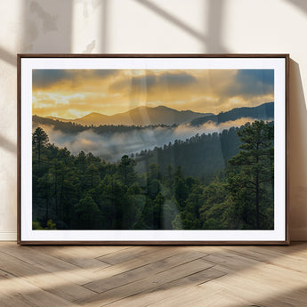 68082278-MGC-FP-36x24_Walnut-Mountain Sunrise Wall Art Canvas Print, Framed Pine Forest Art Picture Print, Misty Mountains Perfect Earthy Woodland Decor