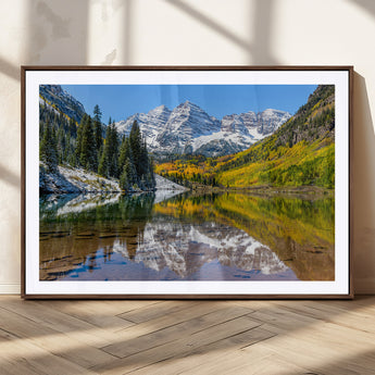 87724099-MGC-FP-36x24_Walnut-Maroon Bells Wall Art Canvas Print, Framed Snowy Mountains Art Picture Print, Pine Forest Perfect Vibrant Alpine Decor Artwork