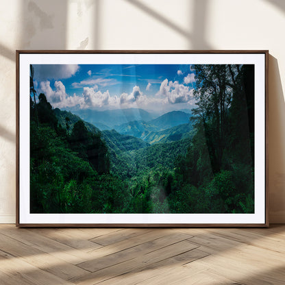74439378-MGC-FP-36x24_Walnut-Tropical Jungle Wall Art Canvas Print, Framed Lush Valley Art Picture Print, Forest Mountains Perfect Tropical Wilderness Decor
