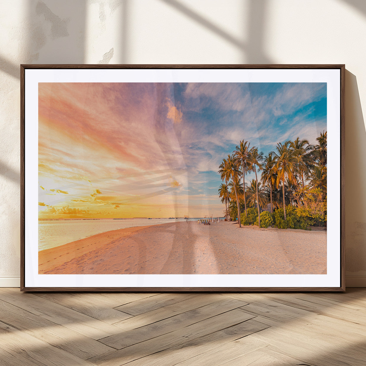 41542880-MGC-FP-36x24_Walnut-Tropical Beach Wall Art Canvas Print, Framed Palm Trees Art Picture Print, Sunset Shore Perfect Tropical Coastal Decor Artwork