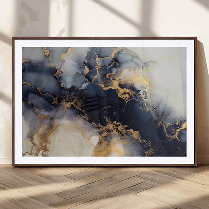 41136487-MGC-FP-36x24_Walnut-Black Marble Wall Art Canvas Print, Framed Gold Veins Art Picture Print, Abstract Texture Perfect Moody Luxe Decor Artwork