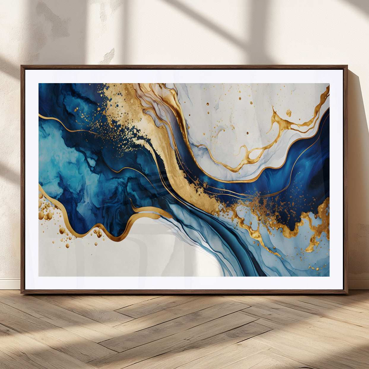 60283636-MGC-FP-36x24_Walnut-Blue Gold Flow Wall Art Canvas Print, Framed Marble Texture Art Picture Print, Elegant Splash Perfect Elegant Abstract Decor