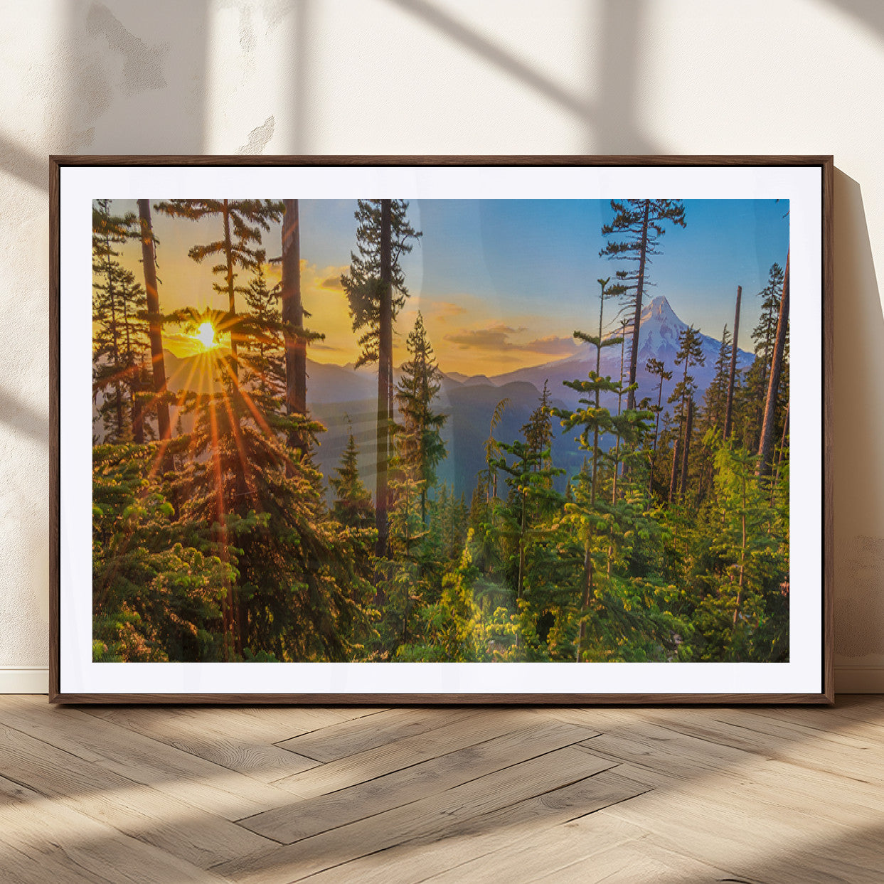 83544043-MGC-FP-36x24_Walnut-Forest Sunset Wall Art Canvas Print, Framed Sunset Trees Art Picture Print, Green Pines Perfect Rustic Nature Decor Artwork