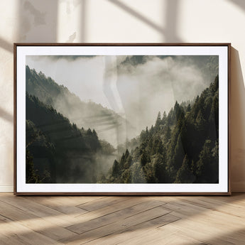 57570237-MGC-FP-36x24_Walnut-Misty Valley Wall Art Canvas Print, Framed Foggy Forest Art Picture Print, Pine Trees Perfect Moody Woodland Decor Artwork