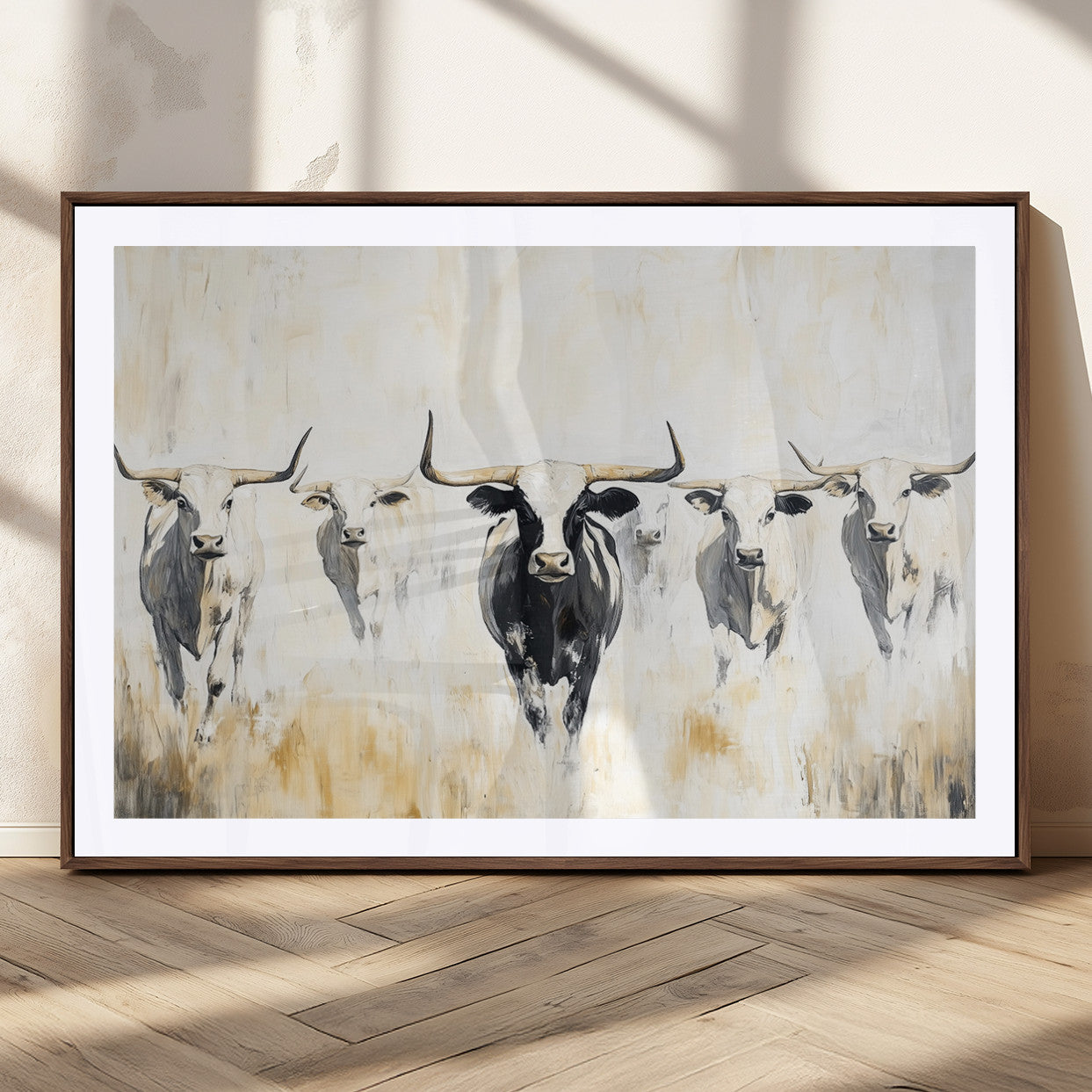 40397799-MGC-FP-36x24_Walnut-Texas Longhorn Wall Art Canvas Print, Framed Rustic Herd Art Picture Print, Western Bull Perfect Neutral Western Decor Artwork