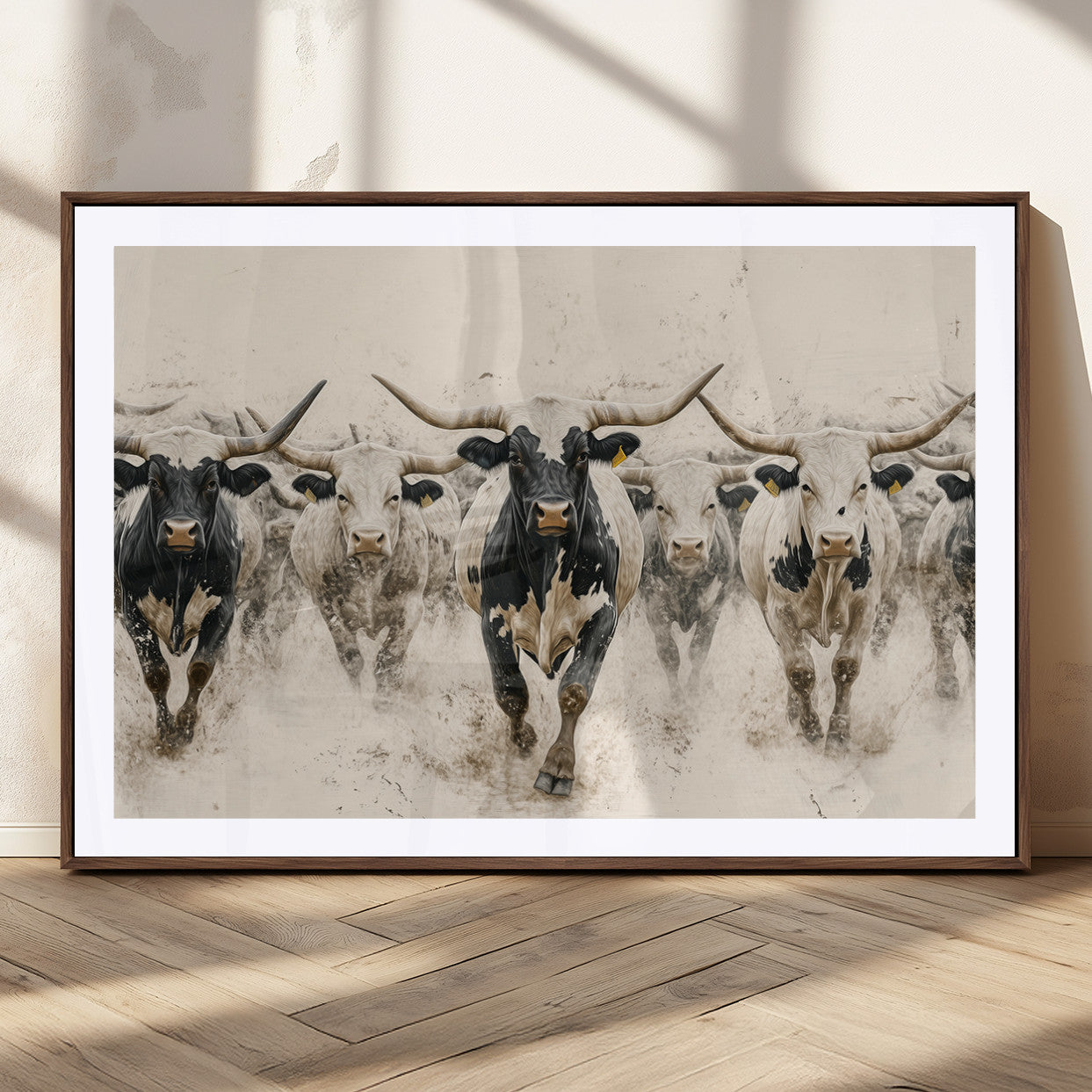 61538944-MGC-FP-36x24_Walnut-Texas Longhorn Wall Art Canvas Print, Framed Cattles Walking Art Picture Print, Black White Bulls Perfect Rustic Western Decor