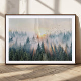 92718976-MGC-FP-36x24_Walnut-Misty Forest Wall Art Canvas Print, Framed Sunrise Pines Art Picture Print, Foggy Woodland Perfect Moody Woodland Decor Artwork