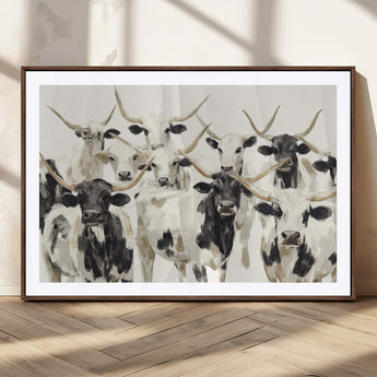 52947970-MGC-FP-36x24_Walnut-Texas Longhorn Wall Art Canvas Print, Framed Cattle Herd Art Picture Print, Herd Portrait Perfect Modern Farmhouse Decor Artwork