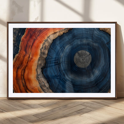 99491700-MGC-FP-36x24_Walnut-Tree Ring Canvas Wall Art – Blue Orange Abstract Wood Grain Print, Rustic Modern Nature Artwork for Living Room, Office, Bedroom
