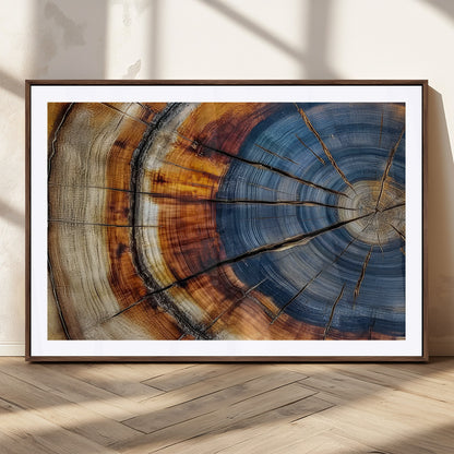 18032999-MGC-FP-36x24_Walnut-Tree Ring Wall Art – Blue Brown Abstract Wood Slice Canvas Print, Rustic Modern Nature Decor for Living Room, Office, Bedroom or