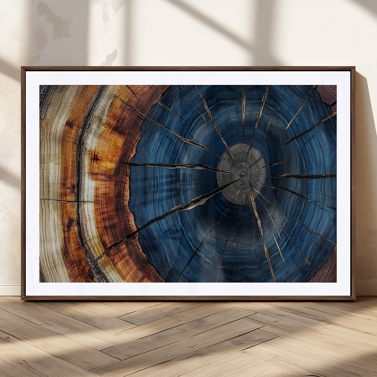 60099360-MGC-FP-36x24_Walnut-Blue Tree Ring Wall Art – Rustic Wood Grain Canvas Print, Modern Abstract Artwork with Natural Texture for Living Room, Bedroom,