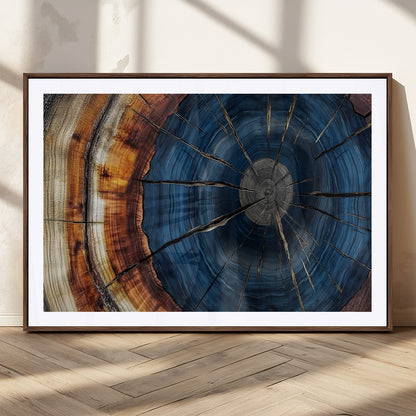 60099360-MGC-FP-36x24_Walnut-Blue Tree Ring Wall Art – Rustic Wood Grain Canvas Print, Modern Abstract Artwork with Natural Texture for Living Room, Bedroom,