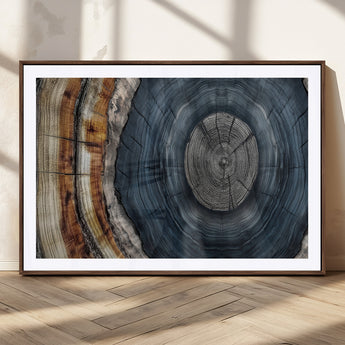 91368647-MGC-FP-36x24_Walnut-Smoky Blue Tree Ring Wall Art – Rustic Wood Cross Section Canvas Print, Modern Nature Inspired Decor for Living Room, Office, or