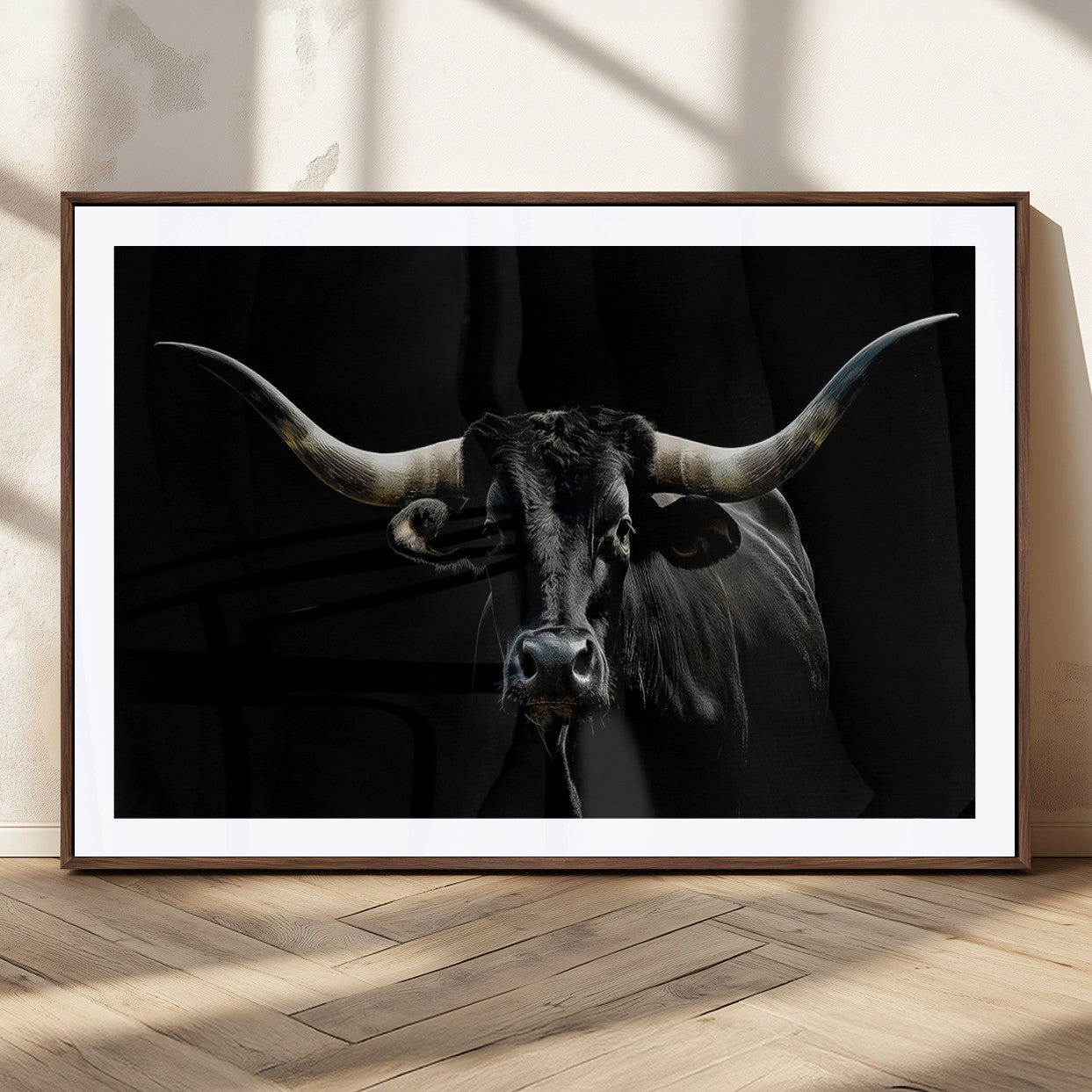 37531960-MGC-FP-36x24_Walnut-Black Longhorn Bull Wall Art – Dramatic Western Cattle Canvas Print, Rustic Farmhouse Animal Artwork for Living Room, Bedroom,