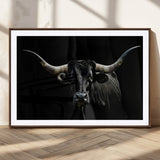 37531960-MGC-FP-36x24_Walnut-Black Longhorn Bull Wall Art – Dramatic Western Cattle Canvas Print, Rustic Farmhouse Animal Artwork for Living Room, Bedroom,