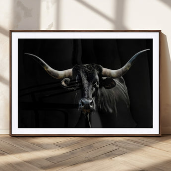 37531960-MGC-FP-36x24_Walnut-Black Longhorn Bull Wall Art – Dramatic Western Cattle Canvas Print, Rustic Farmhouse Animal Artwork for Living Room, Bedroom,