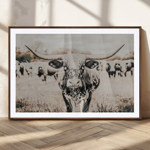 27497342-MGC-FP-36x24_Walnut-Texas Longhorn Wall Art Canvas Print, Framed Speckled Cow Art Picture Print, Horned Cattle Perfect Rustic Western Decor Artwork