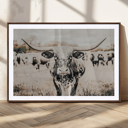27497342-MGC-FP-36x24_Walnut-Texas Longhorn Wall Art Canvas Print, Framed Speckled Cow Art Picture Print, Horned Cattle Perfect Rustic Western Decor Artwork