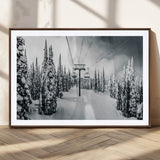 31156828-MGC-FP-36x24_Walnut-Snowy Pines Wall Art Canvas Print, Framed Ski Lift Art Picture Print, Winter Forest Perfect Moody Lodge Decor Artwork