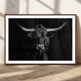 42077175-MGC-FP-36x24_Walnut-Texas Longhorn Wall Art Canvas Print, Framed Monochrome Bull Art Picture Print, Horned Bull Perfect Rustic Western Decor Artwork