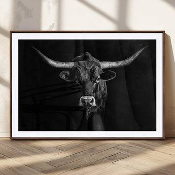 42077175-MGC-FP-36x24_Walnut-Texas Longhorn Wall Art Canvas Print, Framed Monochrome Bull Art Picture Print, Horned Bull Perfect Rustic Western Decor Artwork