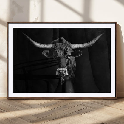 42077175-MGC-FP-36x24_Walnut-Texas Longhorn Wall Art Canvas Print, Framed Monochrome Bull Art Picture Print, Horned Bull Perfect Rustic Western Decor Artwork