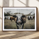 79025945-MGC-FP-36x24_Walnut-Texas Longhorn Wall Art Canvas Print, Framed Speckled Cow Art Picture Print, Horned Cattle Perfect Rustic Western Decor Artwork