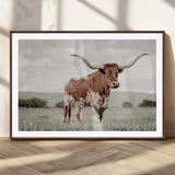 28309012-MGC-FP-36x24_Walnut-Texas Longhorn Wall Art Canvas Print, Framed Spotted Cattle Art Picture Print, Horned Bull Perfect Rustic Western Decor Artwork