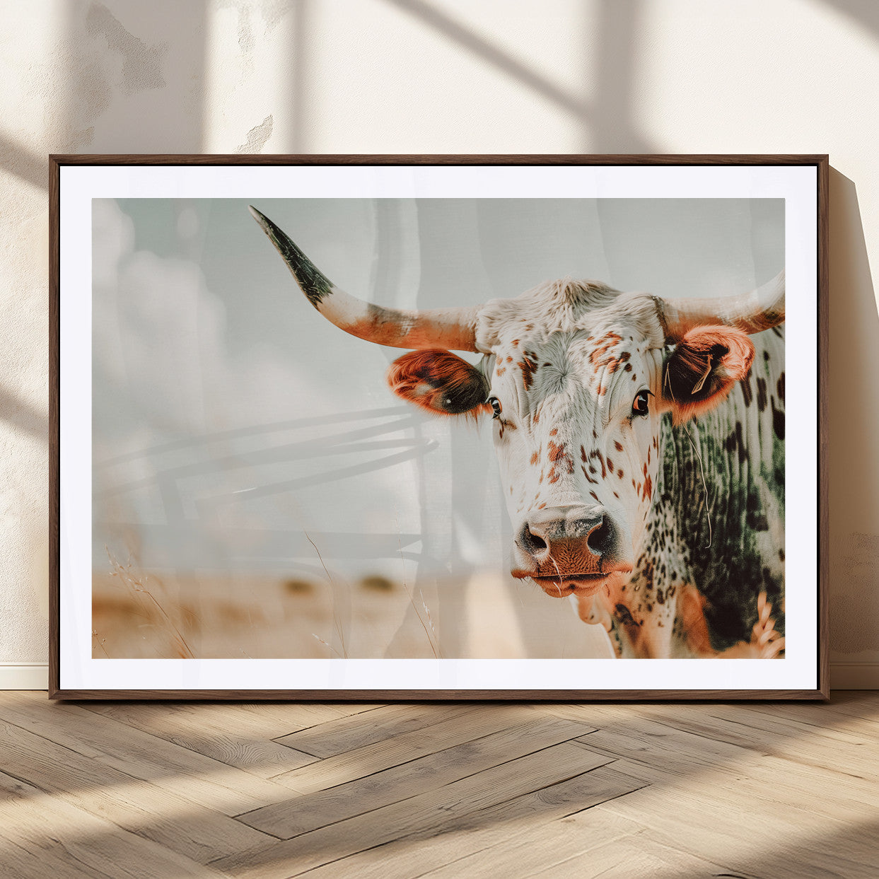 72766375-MGC-FP-36x24_Walnut-Texas Longhorn Wall Art Canvas Print, Framed Spotted Cow Art Picture Print, Horned Cattle Perfect Rustic Western Decor Artwork