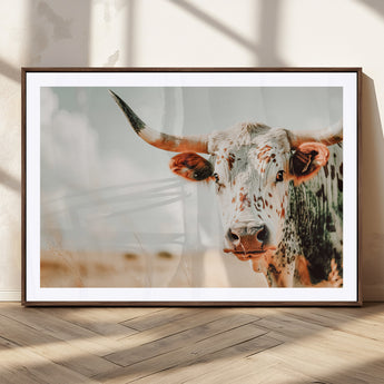 72766375-MGC-FP-36x24_Walnut-Texas Longhorn Wall Art Canvas Print, Framed Spotted Cow Art Picture Print, Horned Cattle Perfect Rustic Western Decor Artwork