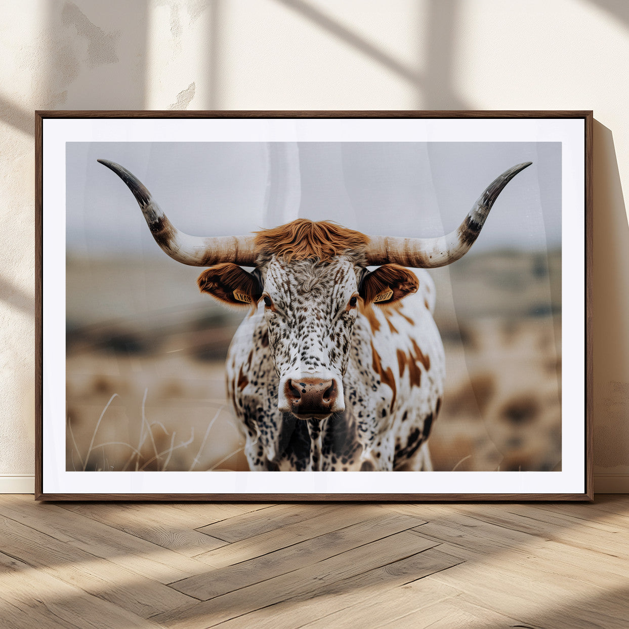 76294381-MGC-FP-36x24_Walnut-Texas Longhorn Wall Art Canvas Print, Framed Spotted Cow Art Picture Print, Horned Cattle Perfect Rustic Western Decor Artwork