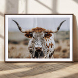 76294381-MGC-FP-36x24_Walnut-Texas Longhorn Wall Art Canvas Print, Framed Spotted Cow Art Picture Print, Horned Cattle Perfect Rustic Western Decor Artwork