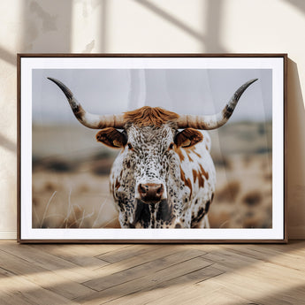 76294381-MGC-FP-36x24_Walnut-Texas Longhorn Wall Art Canvas Print, Framed Spotted Cow Art Picture Print, Horned Cattle Perfect Rustic Western Decor Artwork