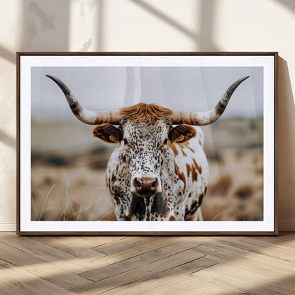 76294381-MGC-FP-36x24_Walnut-Texas Longhorn Wall Art Canvas Print, Framed Spotted Cow Art Picture Print, Horned Cattle Perfect Rustic Western Decor Artwork