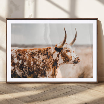 11528295-MGC-FP-36x24_Walnut-Speckled Longhorn Wall Art Canvas Print, Framed Texas Cattle Art Picture Print, Horned Cow Perfect Rustic Western Decor Artwork