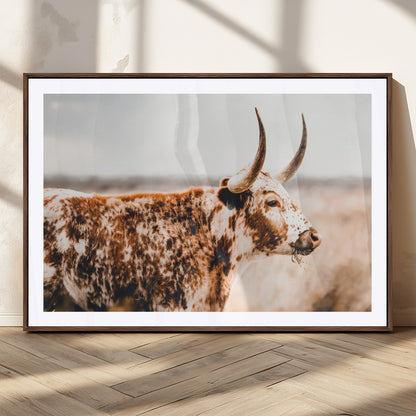 11528295-MGC-FP-36x24_Walnut-Speckled Longhorn Wall Art Canvas Print, Framed Texas Cattle Art Picture Print, Horned Cow Perfect Rustic Western Decor Artwork