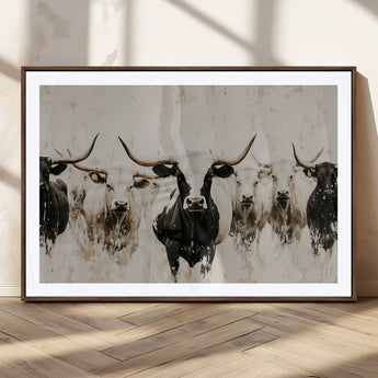 12027562-MGC-FP-36x24_Walnut-Longhorn Cattle Wall Art Canvas Print, Framed Bison Herd Art Picture Print, Cattle Group Perfect Rustic Farmhouse Decor Artwork