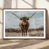 39350715-MGC-FP-36x24_Walnut-Texas Longhorn Wall Art Canvas Print, Framed Longhorn Cow Art Picture Print, Western Cattle Perfect Rustic Western Decor Artwork