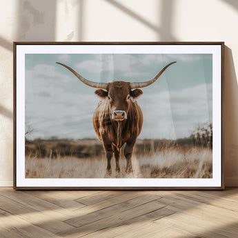 39350715-MGC-FP-36x24_Walnut-Texas Longhorn Wall Art Canvas Print, Framed Longhorn Cow Art Picture Print, Western Cattle Perfect Rustic Western Decor Artwork