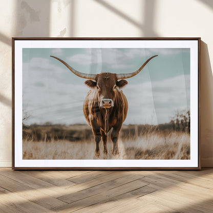 39350715-MGC-FP-36x24_Walnut-Texas Longhorn Wall Art Canvas Print, Framed Longhorn Cow Art Picture Print, Western Cattle Perfect Rustic Western Decor Artwork