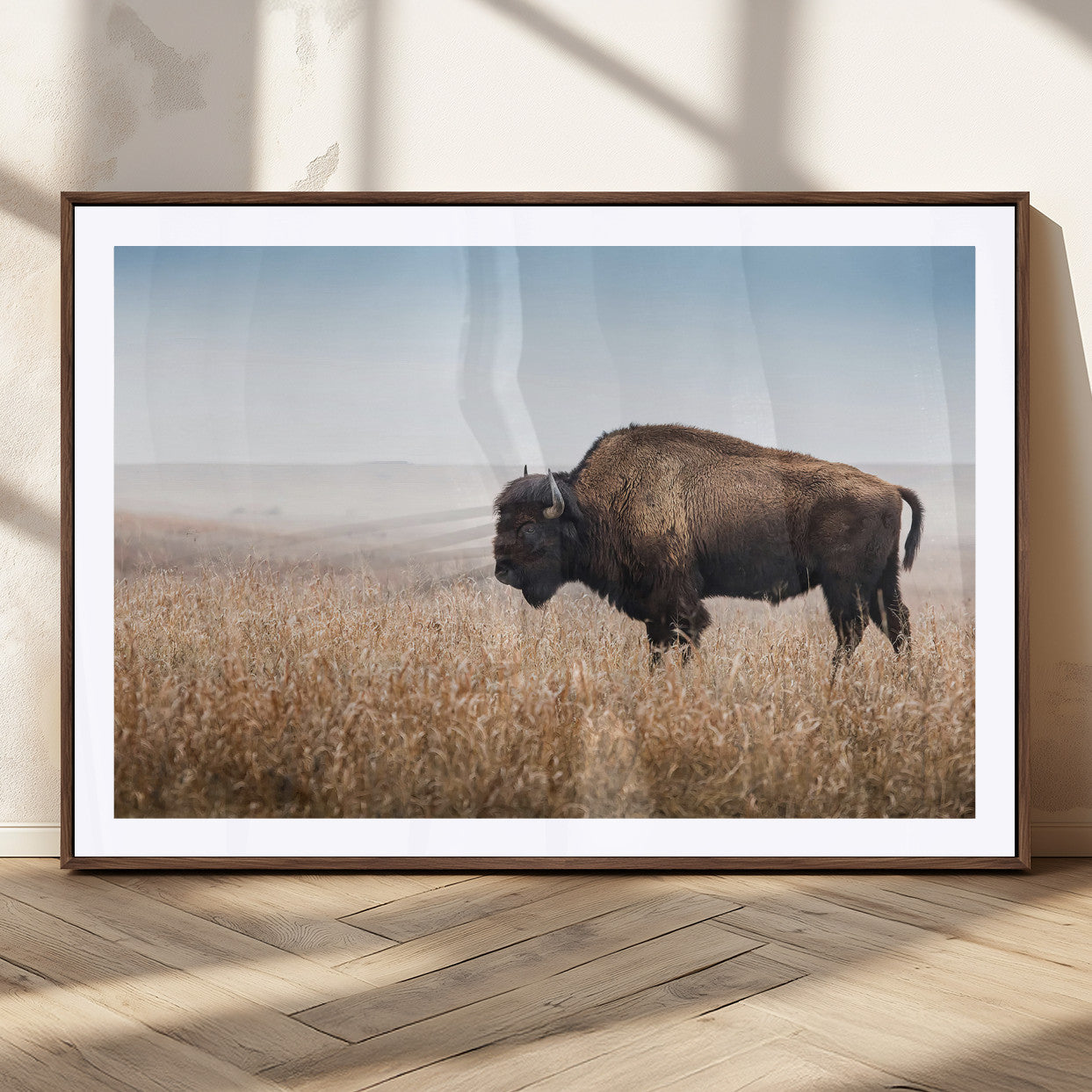 91267849-MGC-FP-36x24_Walnut-Wild Bison Wall Art Canvas Print, Framed Bison in Prairie Art Picture Print, Rustic Western Perfect Rustic Western Decor Artwork