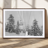 55003599-MGC-FP-36x24_Walnut-Snowy Ski Lift Wall Art Canvas Print, Framed Winter Forest Art Picture Print, Ski lift Ride Perfect Winter Lodge Decor Artwork