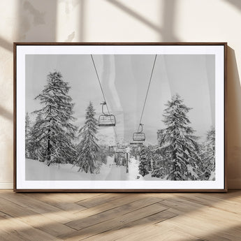 55003599-MGC-FP-36x24_Walnut-Snowy Ski Lift Wall Art Canvas Print, Framed Winter Forest Art Picture Print, Ski lift Ride Perfect Winter Lodge Decor Artwork
