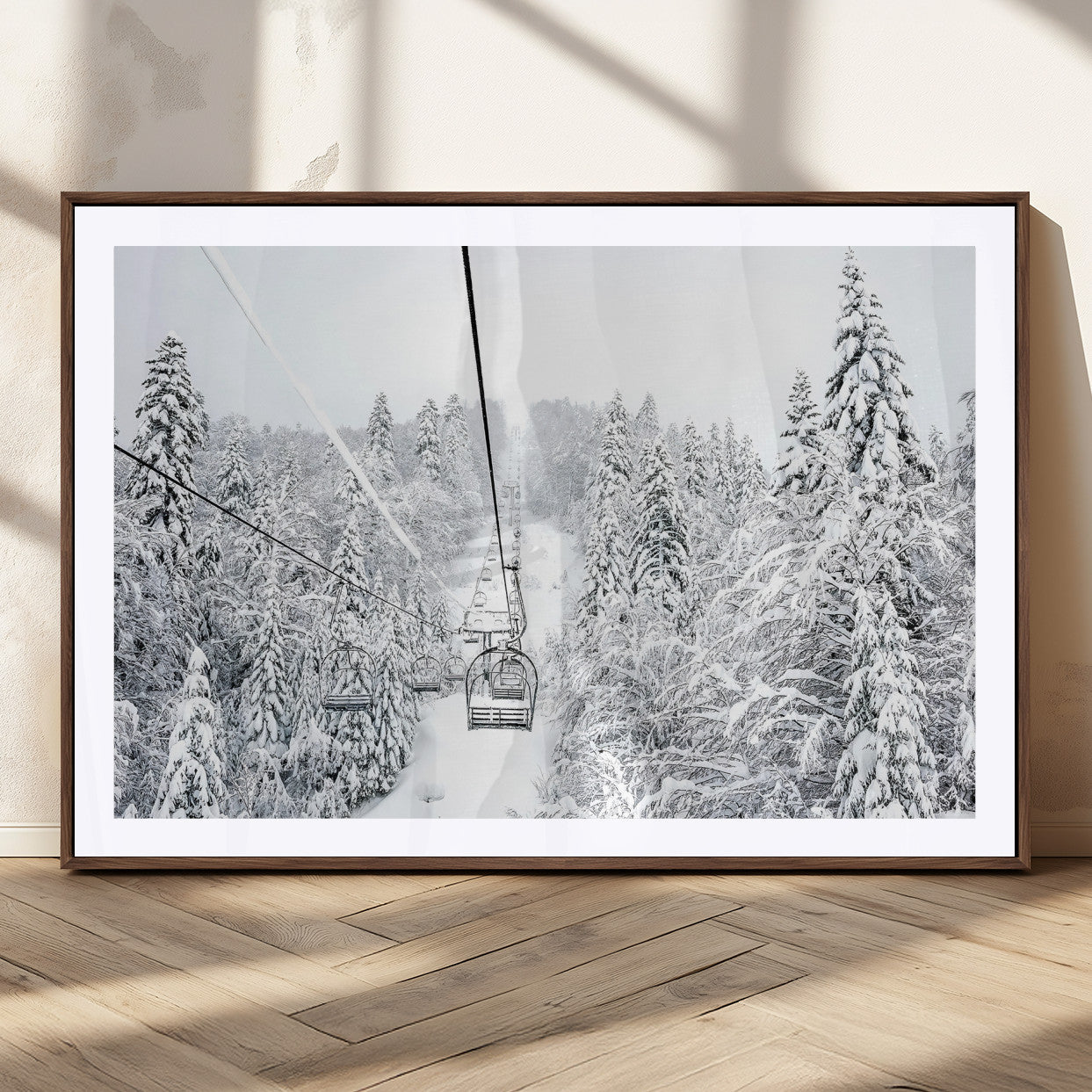 60296839-MGC-FP-36x24_Walnut-Snowy Mountains Wall Art Canvas Print, Framed Ski Lift Art Picture Print, Winter Forest Perfect Winter Minimalist Decor Artwork