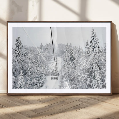 60296839-MGC-FP-36x24_Walnut-Snowy Mountains Wall Art Canvas Print, Framed Ski Lift Art Picture Print, Winter Forest Perfect Winter Minimalist Decor Artwork
