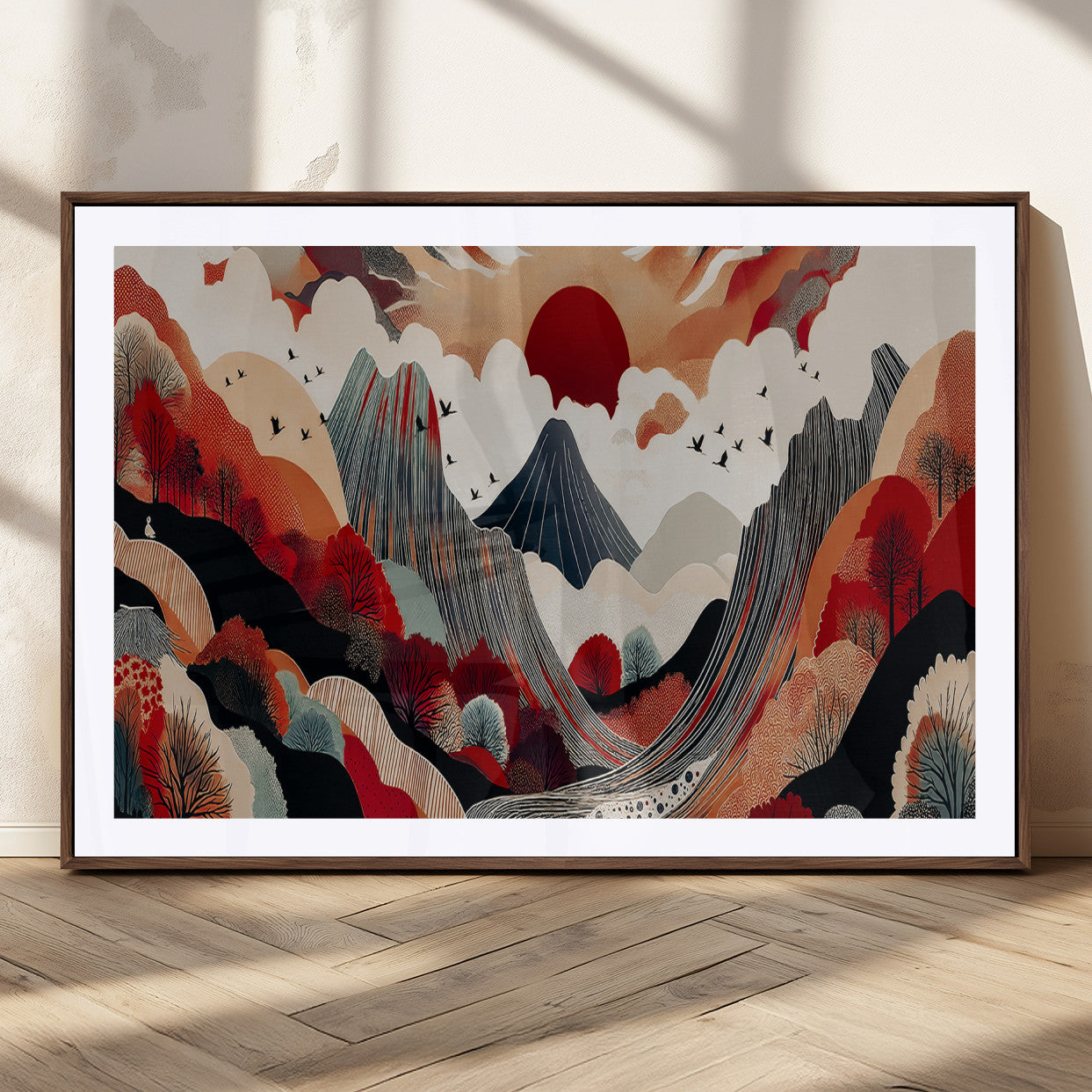 59495752-MGC-FP-36x24_Walnut-Abstract Mountain Wall Art Canvas Print, Framed Vibrant Landscape Art Picture Print, Nature Drawing Perfect Contemporary