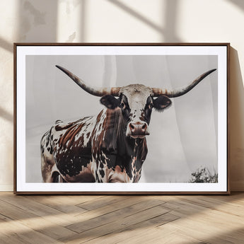 95249234-MGC-FP-36x24_Walnut-Texas Longhorn Wall Art Canvas Print, Framed Spotted Bull Art Picture Print, Horned Cattle Perfect Rustic Farmhouse Decor Artwork