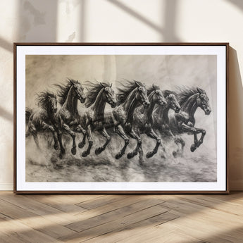 56089591-MGV-CV-36X24-Galloping Horses Wall Art Canvas Print, Framed Wild Stallions Art Picture Print, Horse Herd Sketch Perfect Monochrome Dynamic