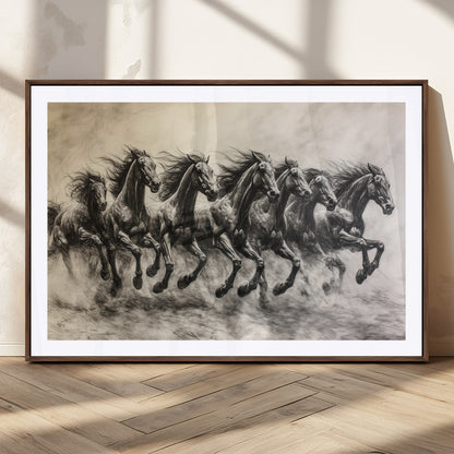 56089591-MGV-CV-36X24-Galloping Horses Wall Art Canvas Print, Framed Wild Stallions Art Picture Print, Horse Herd Sketch Perfect Monochrome Dynamic